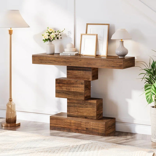 Wood Console Table with Geometric Base for Entryway & Living Room  Wooden Bazar