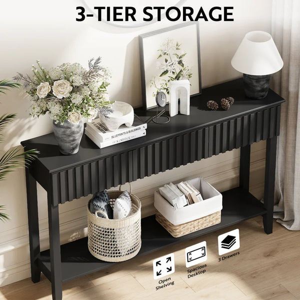 Valdemara 3-Drawer Console Table with Lower Shelf  Wooden Bazar