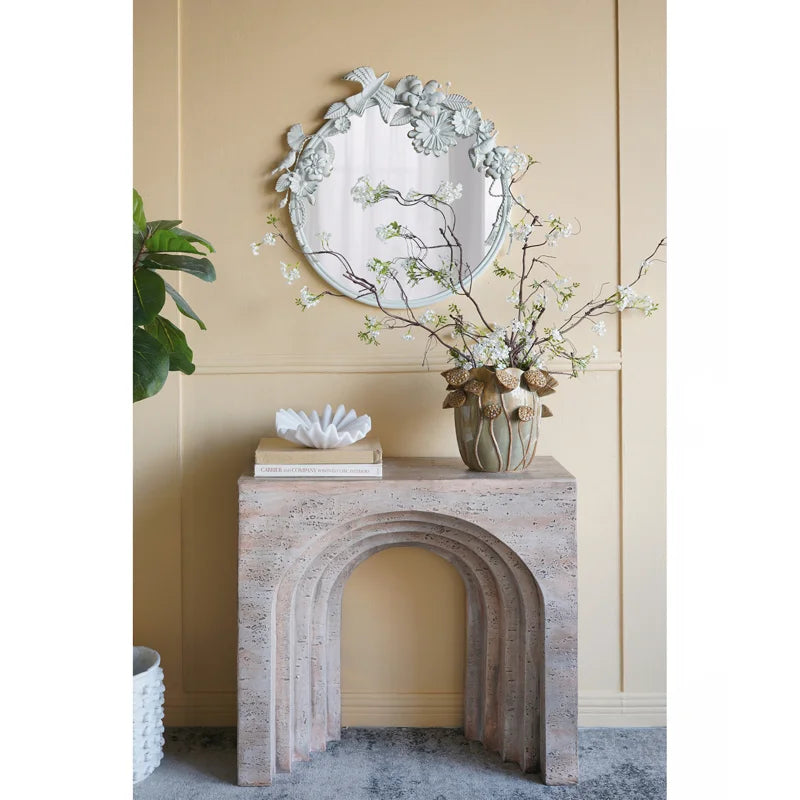 Modern Arched Sculptural Console Table – Beige Faux Travertine Finish  Wooden Bazar