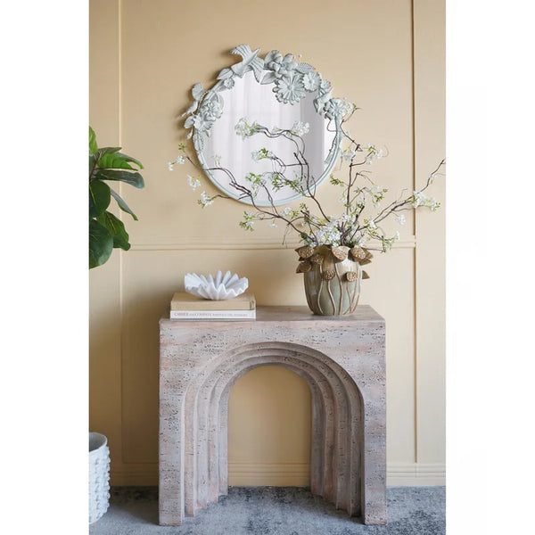 Modern Arched Sculptural Console Table – Beige Faux Travertine Finish  Wooden Bazar