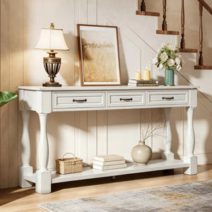 Long Wood Console Table with 3 Drawers & Bottom Shelf  Wooden Bazar