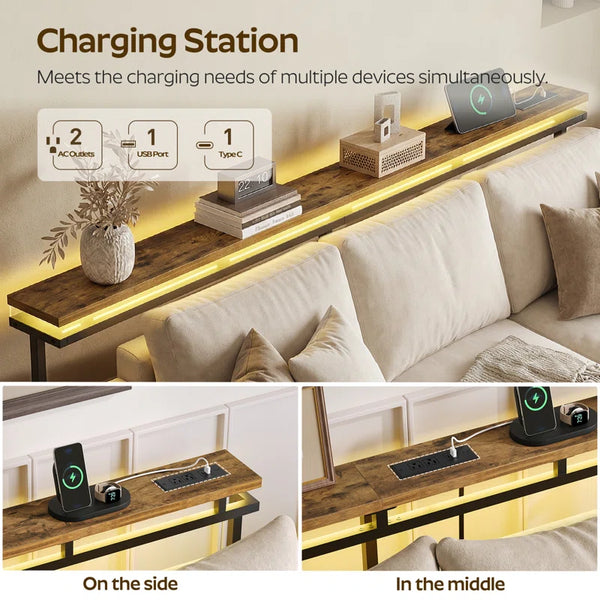 Height-Adjustable Console Table with LED Light & Charging Station  Wooden Bazar
