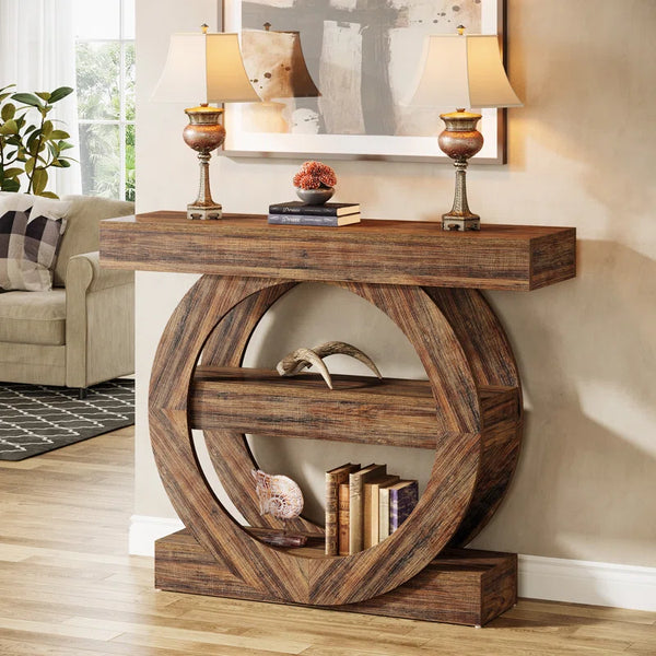 Farmhouse 3-Tier Console Table with Storage Shelves  Wooden Bazar