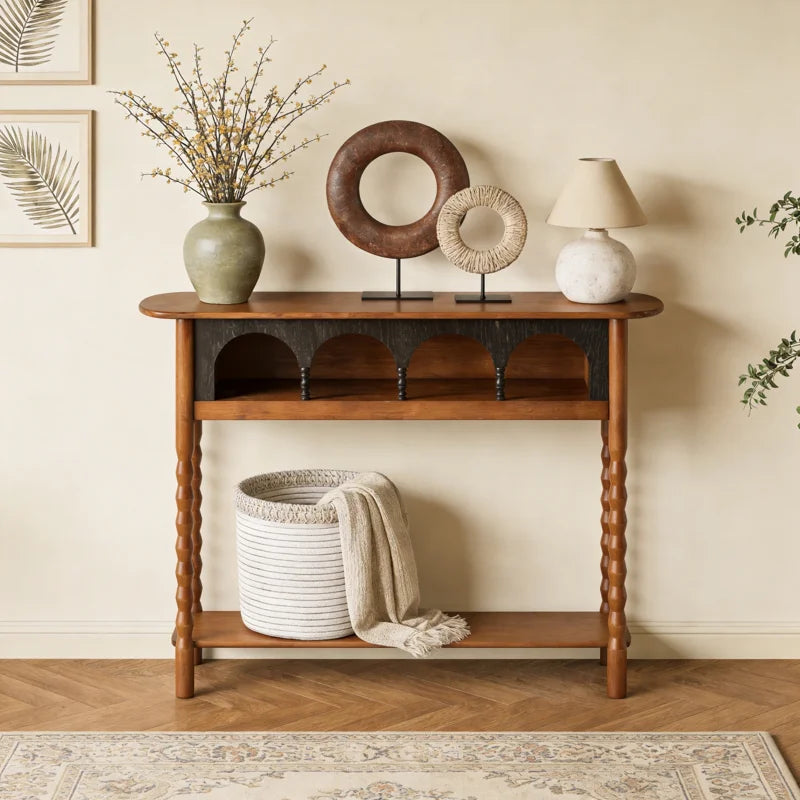 Solid Wood Console Table with Storage – Walnut  Wooden Bazar