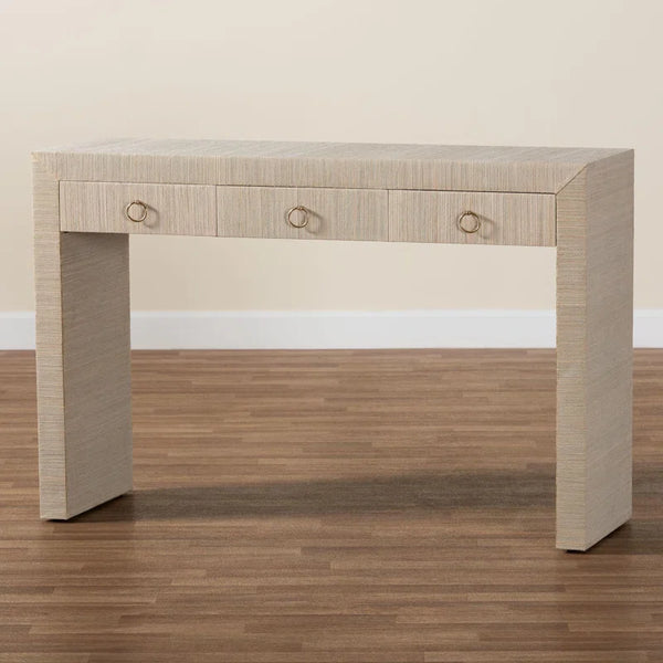 Bali & Pari Cielo Bohemian Woven Grasscloth 3-Drawer Console Table  Wooden Bazar