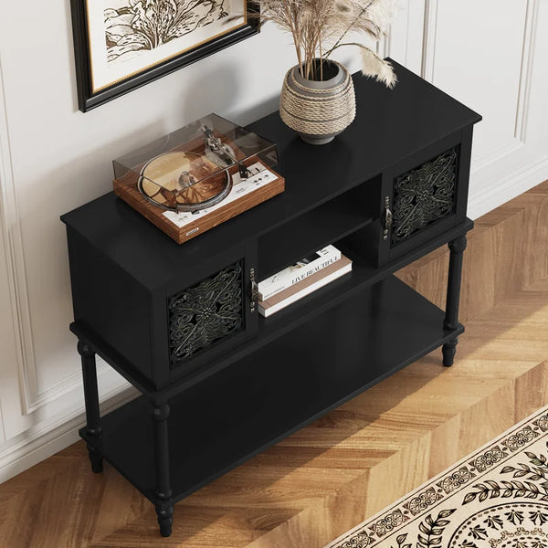 Hand-Carved Console Table with Solid Wood Legs & Open Shelf, Black  Wooden Bazar