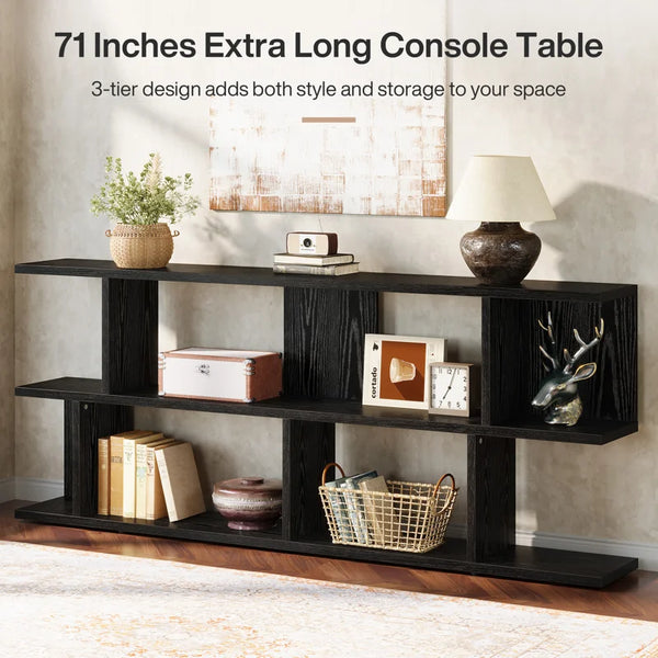 3-Tier Console Table with Open Shelving  Wooden Bazar