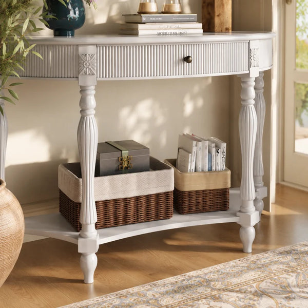 Half-Moon Console Table with Drawer & Bottom Shelf  Wooden Bazar