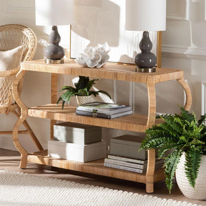 Cecely Bohemian Natural Rattan 3-Tier Console Table  Wooden Bazar