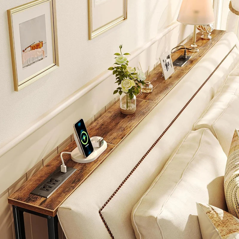 Sofa Console Table with Power Outlets & USB-C Ports  Wooden Bazar