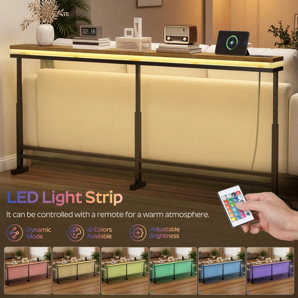 Height-Adjustable Console Table with LED Light & Charging Station  Wooden Bazar