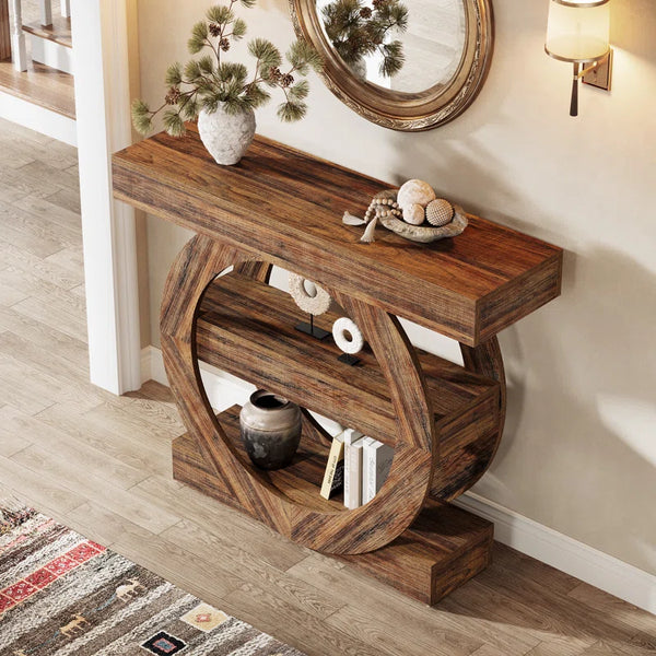 Farmhouse 3-Tier Console Table with Storage Shelves  Wooden Bazar