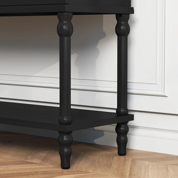Hand-Carved Console Table with Solid Wood Legs & Open Shelf, Black  Wooden Bazar