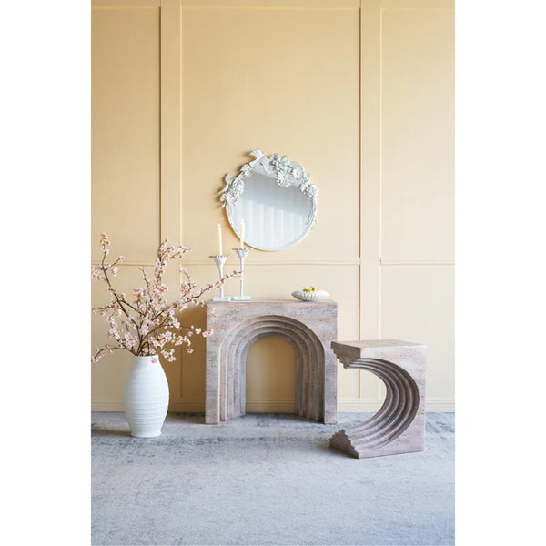 Modern Arched Sculptural Console Table – Beige Faux Travertine Finish  Wooden Bazar