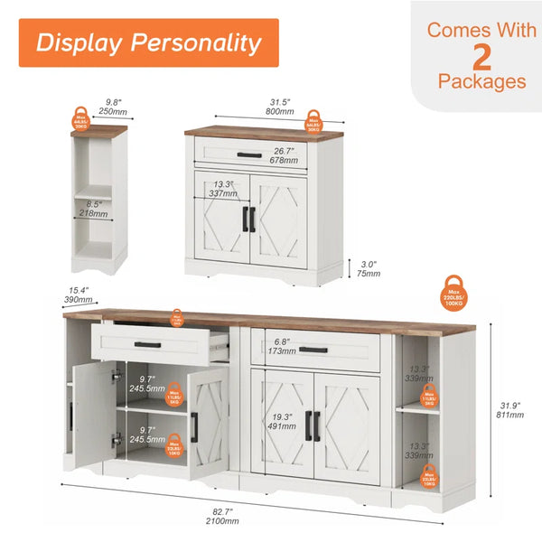Modern Farmhouse Accent Cabinet with Barn Doors & Drawers  Wooden Bazar