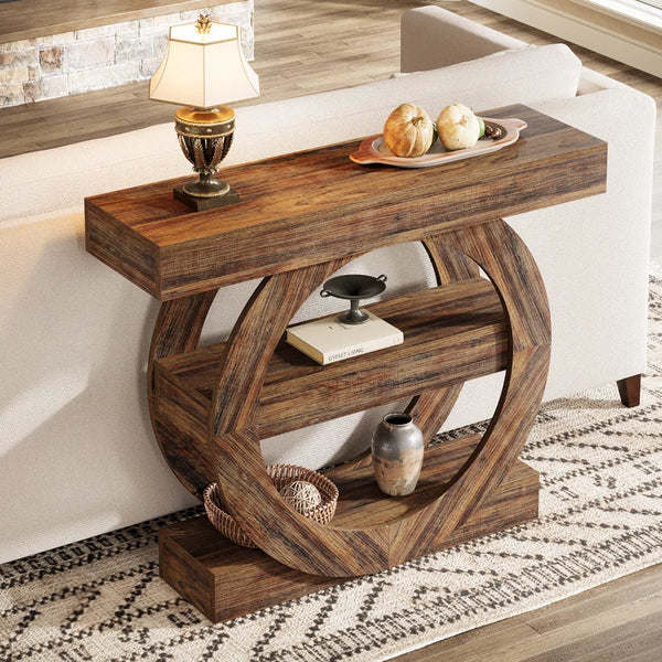 Farmhouse 3-Tier Console Table with Storage Shelves  Wooden Bazar