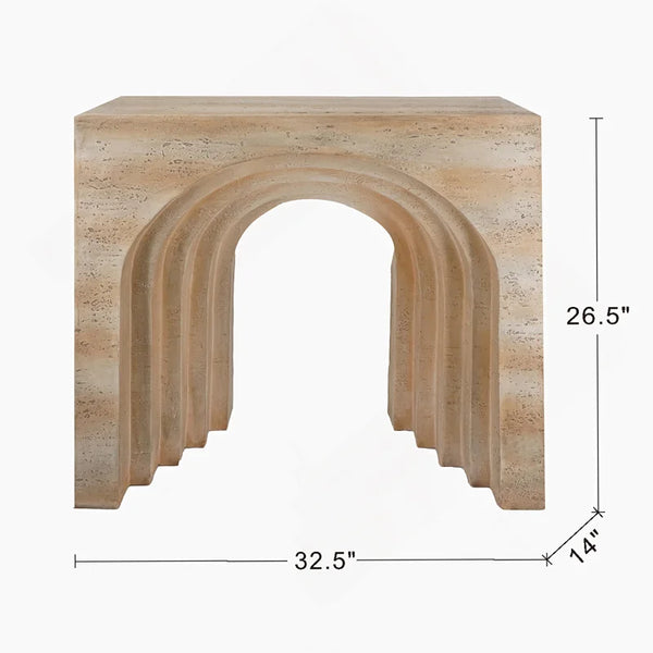 Modern Arched Sculptural Console Table – Beige Faux Travertine Finish  Wooden Bazar