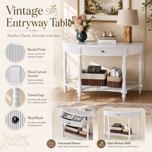 Half-Moon Console Table with Drawer & Bottom Shelf  Wooden Bazar