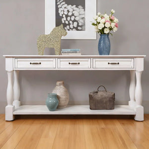 Long Wood Console Table with 3 Drawers & Bottom Shelf  Wooden Bazar