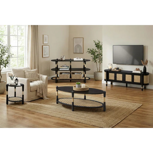 Arnkell Oval Wood Sofa Console Table with Seagrass Shelves  Wooden Bazar