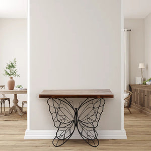 Solid Wood Console Table with Butterfly Iron Base  Wooden Bazar