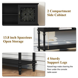 Hand-Carved Console Table with Solid Wood Legs & Open Shelf, Black  Wooden Bazar
