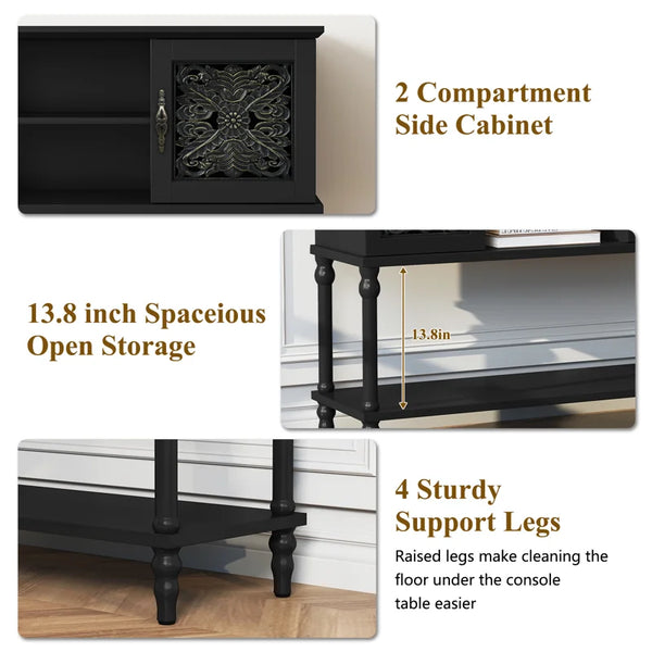 Hand-Carved Console Table with Solid Wood Legs & Open Shelf, Black  Wooden Bazar
