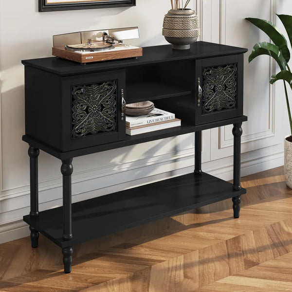 Hand-Carved Console Table with Solid Wood Legs & Open Shelf, Black  Wooden Bazar