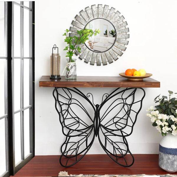 Solid Wood Console Table with Butterfly Iron Base  Wooden Bazar