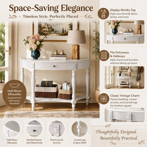 Half-Moon Console Table with Drawer & Bottom Shelf  Wooden Bazar
