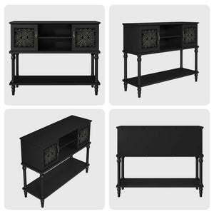 Hand-Carved Console Table with Solid Wood Legs & Open Shelf, Black  Wooden Bazar