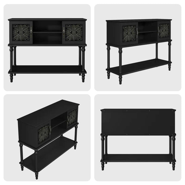 Hand-Carved Console Table with Solid Wood Legs & Open Shelf, Black  Wooden Bazar