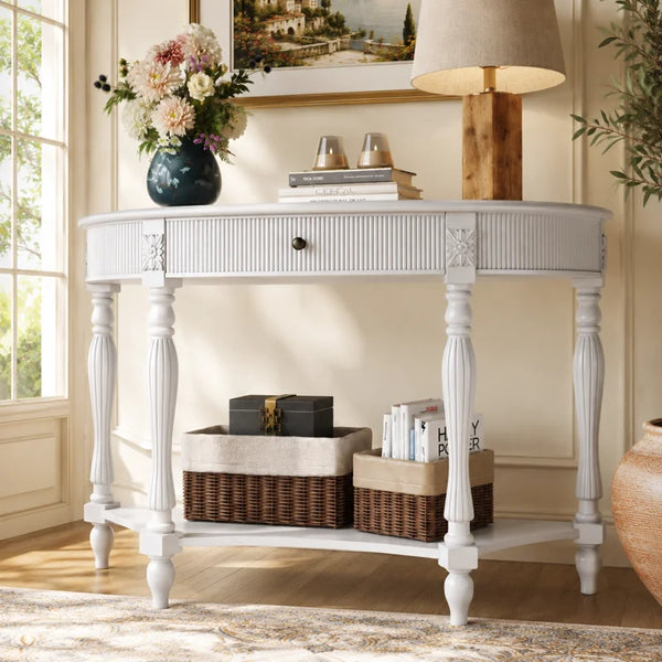Half-Moon Console Table with Drawer & Bottom Shelf  Wooden Bazar