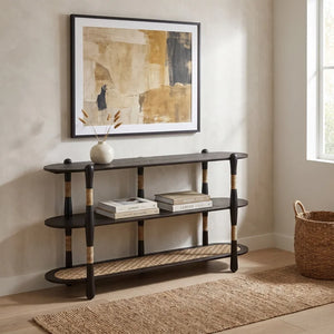 Arnkell Oval Wood Sofa Console Table with Seagrass Shelves  Wooden Bazar
