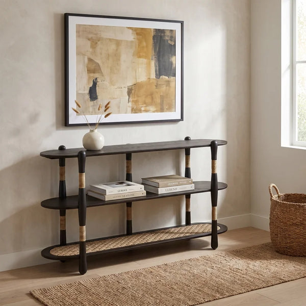 Arnkell Oval Wood Sofa Console Table with Seagrass Shelves  Wooden Bazar