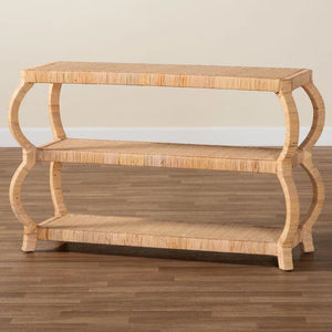 Cecely Bohemian Natural Rattan 3-Tier Console Table  Wooden Bazar