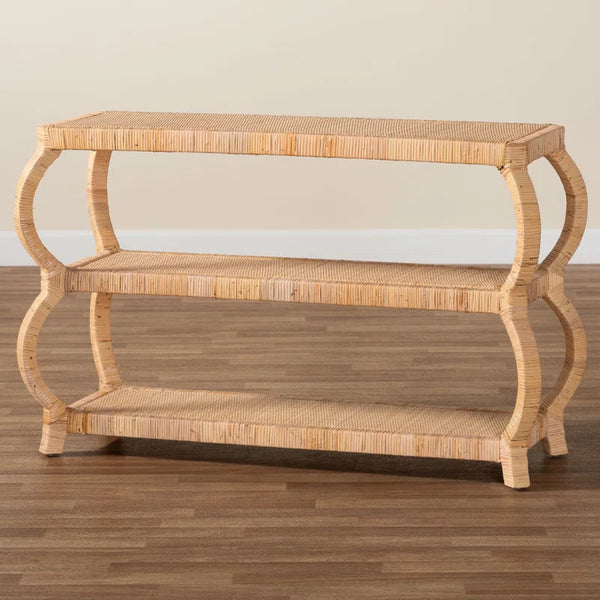 Cecely Bohemian Natural Rattan 3-Tier Console Table  Wooden Bazar
