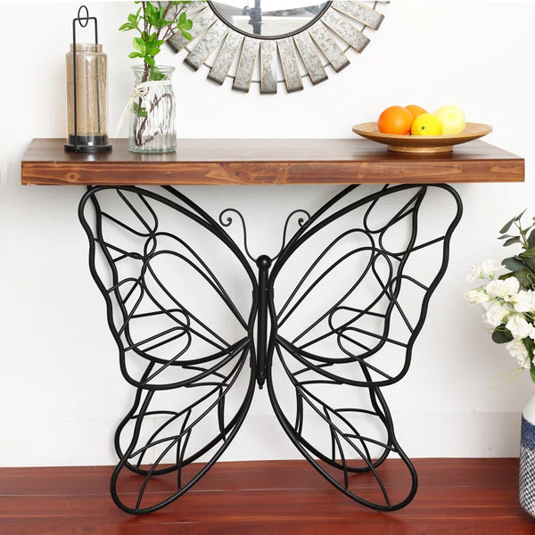 Solid Wood Console Table with Butterfly Iron Base  Wooden Bazar