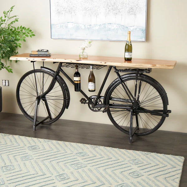 Metal Bike Bar Table with Live Edge Wood Top  Wooden Bazar