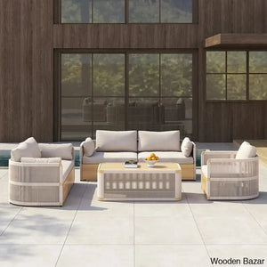 Denny Modern Khaki Swivel Sofa Set With Aluminium And Rope Design - Wooden Bazar