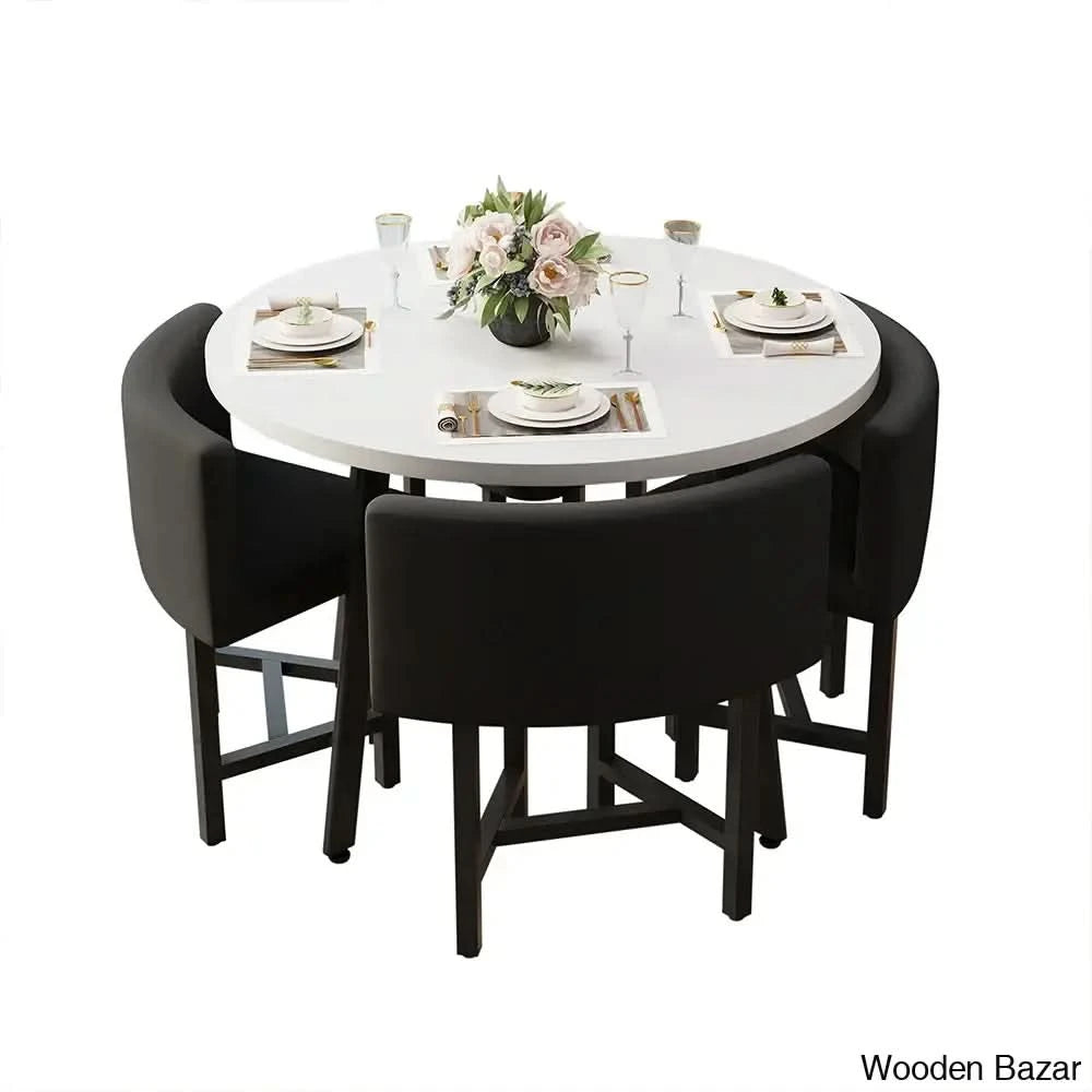 Devon Cozy 40’’ Round Wooden Dining Table Set With Blue Upholstered Chairs White/Black