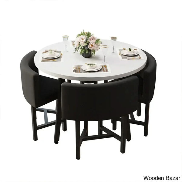 Devon Cozy 40’’ Round Wooden Dining Table Set With Blue Upholstered Chairs