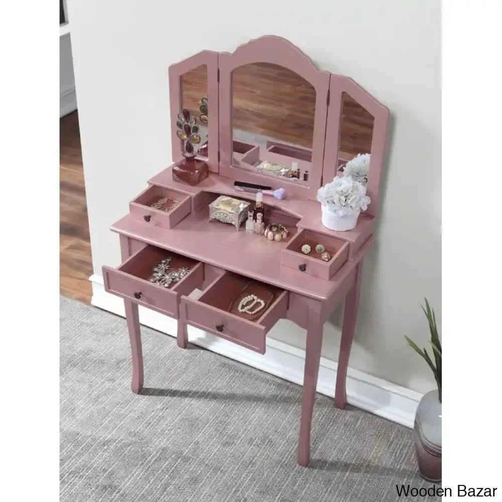 Diodorus Vanity Dressing Table With Mirror And Stool Rose Gold
