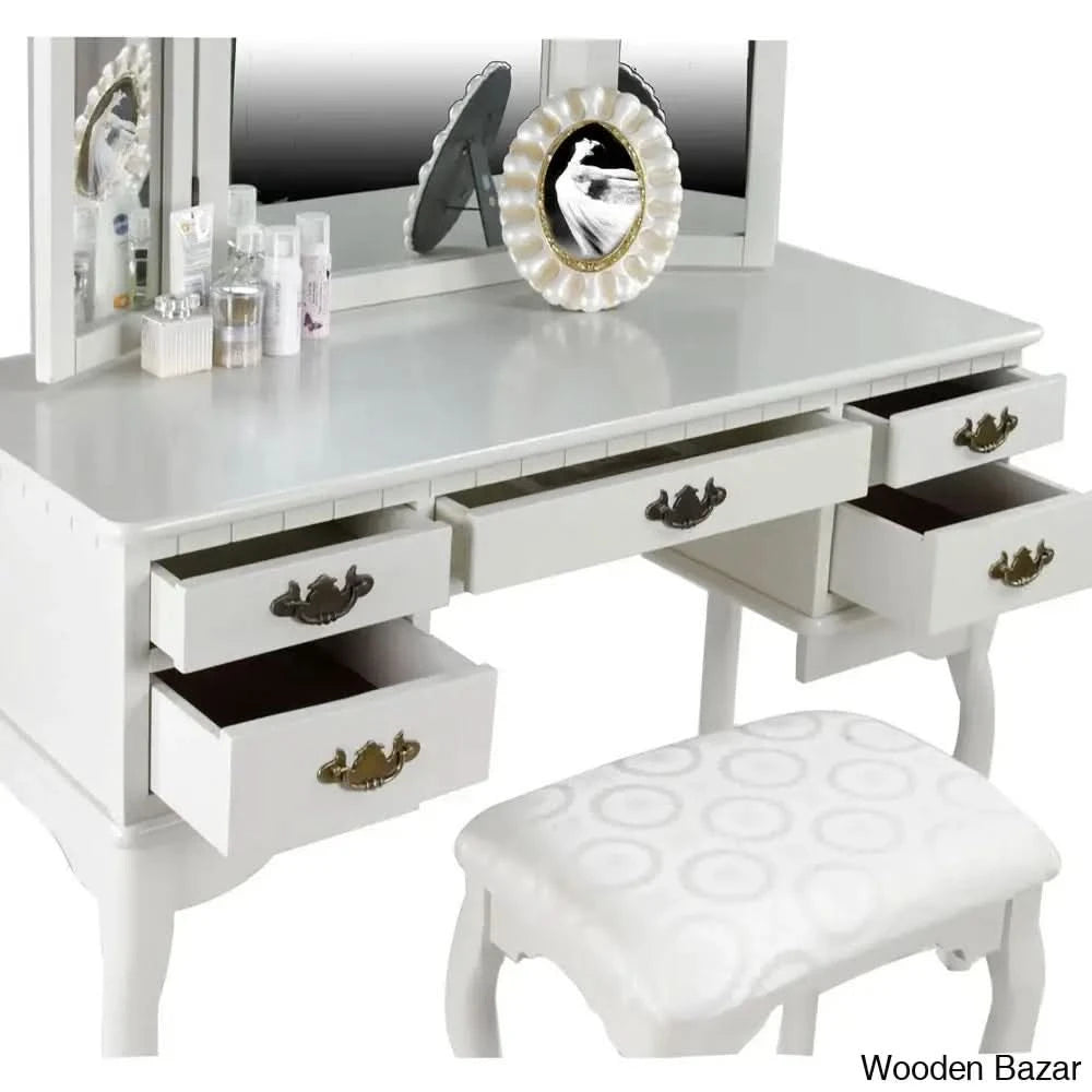 Drake Vanity Dressing Table With Mirror And Stool White