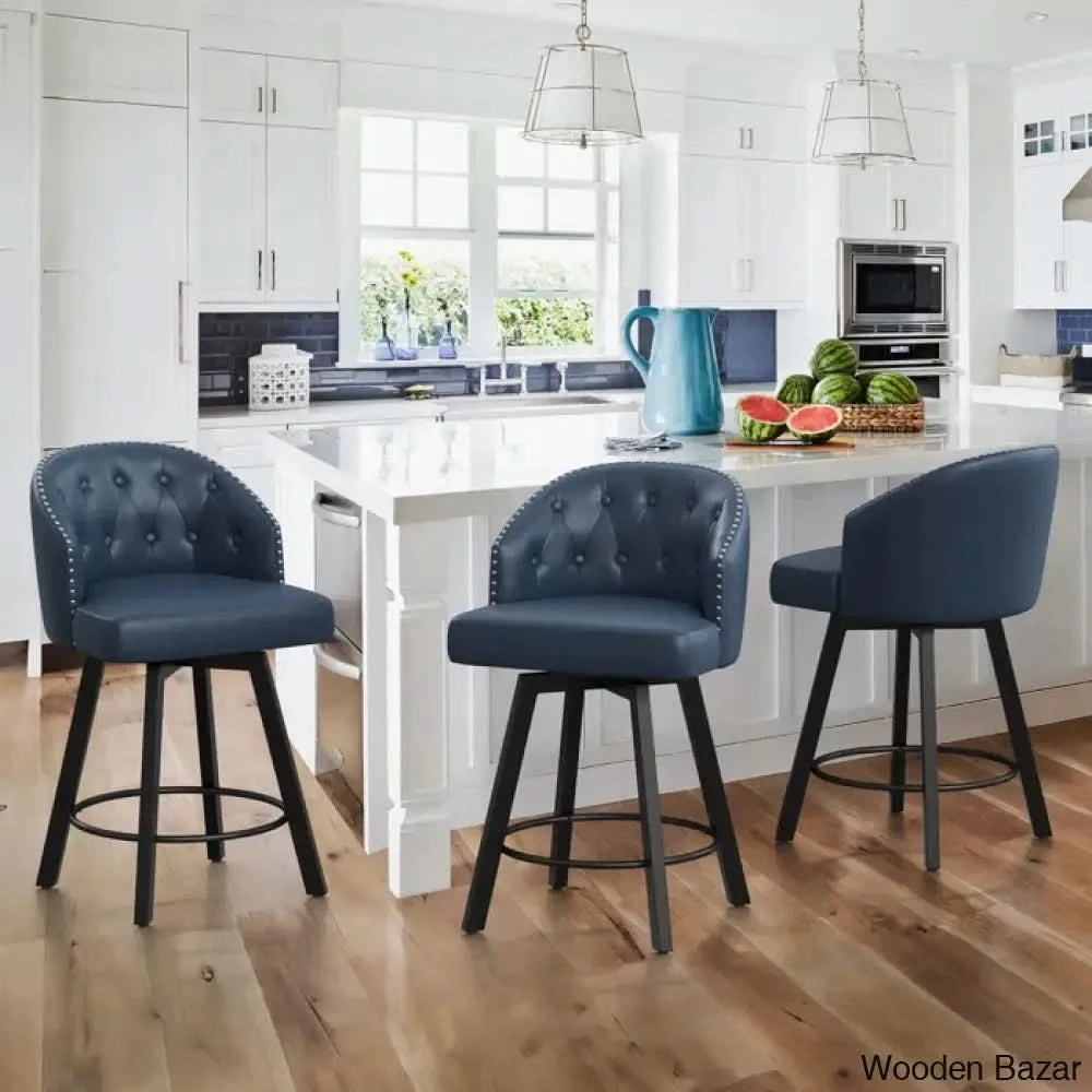 Drishf Swivel 25.98’’ Counter And Bar Stool (Set Of 3) Navy Blue Faux Leather