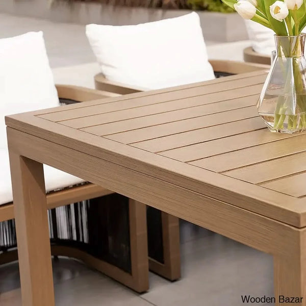 Duff 6 Seater Outdoor Dining Set For With Rectangle Table & Rope Woven Armchair In Natural