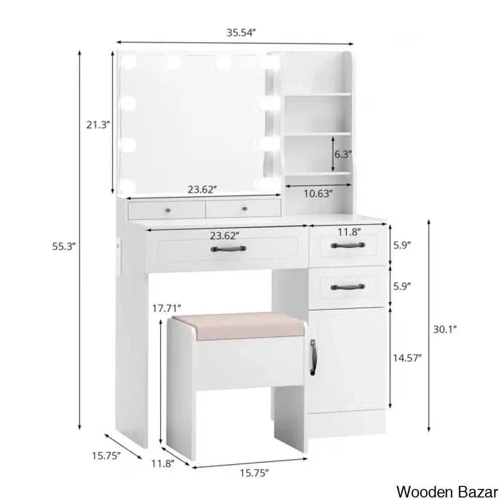 Elainy Vanity Dressing Table With Lighted Mirror & Storage Stool White