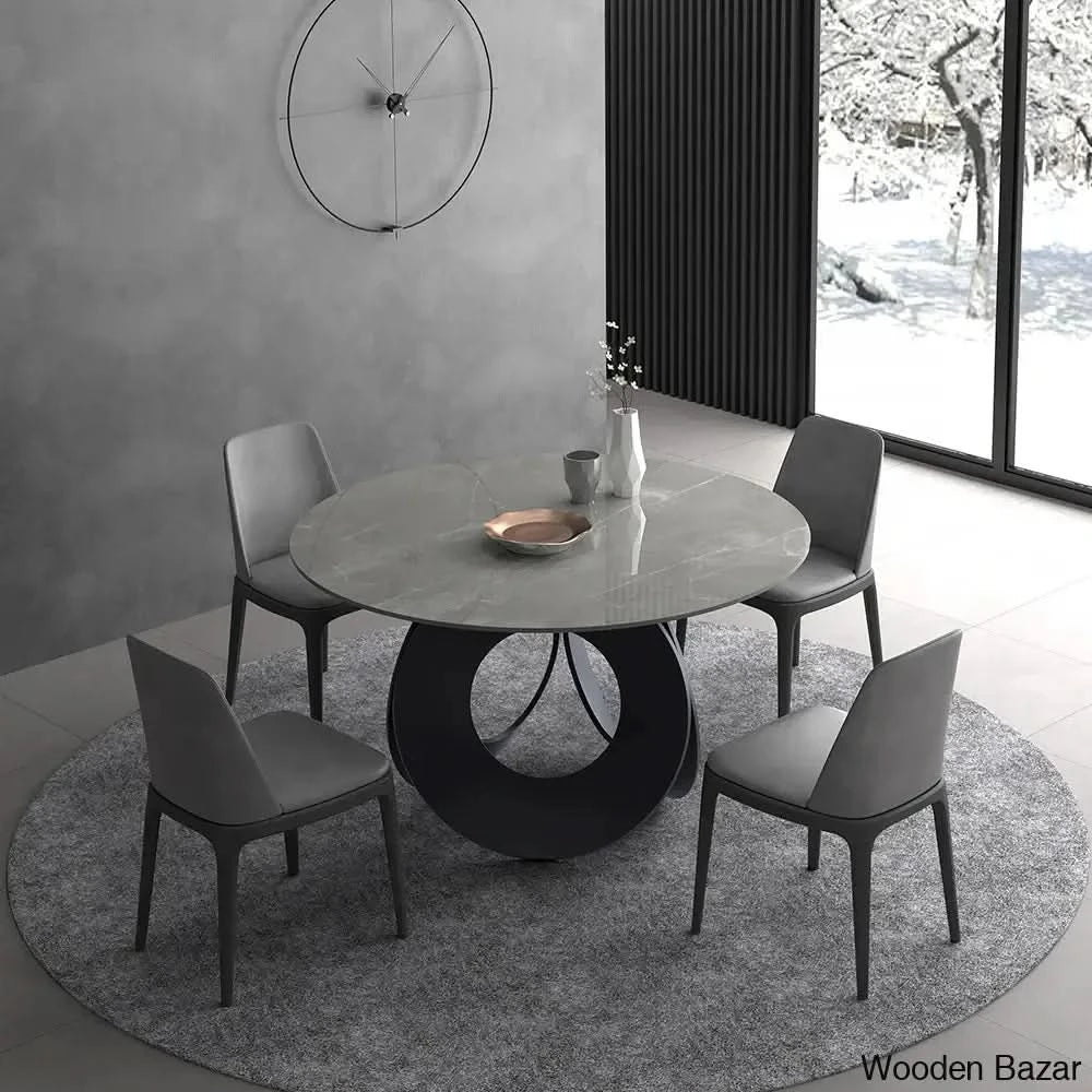 Emery Round Gray Dining Table With Stone Top And Wooden Base 6 Seater