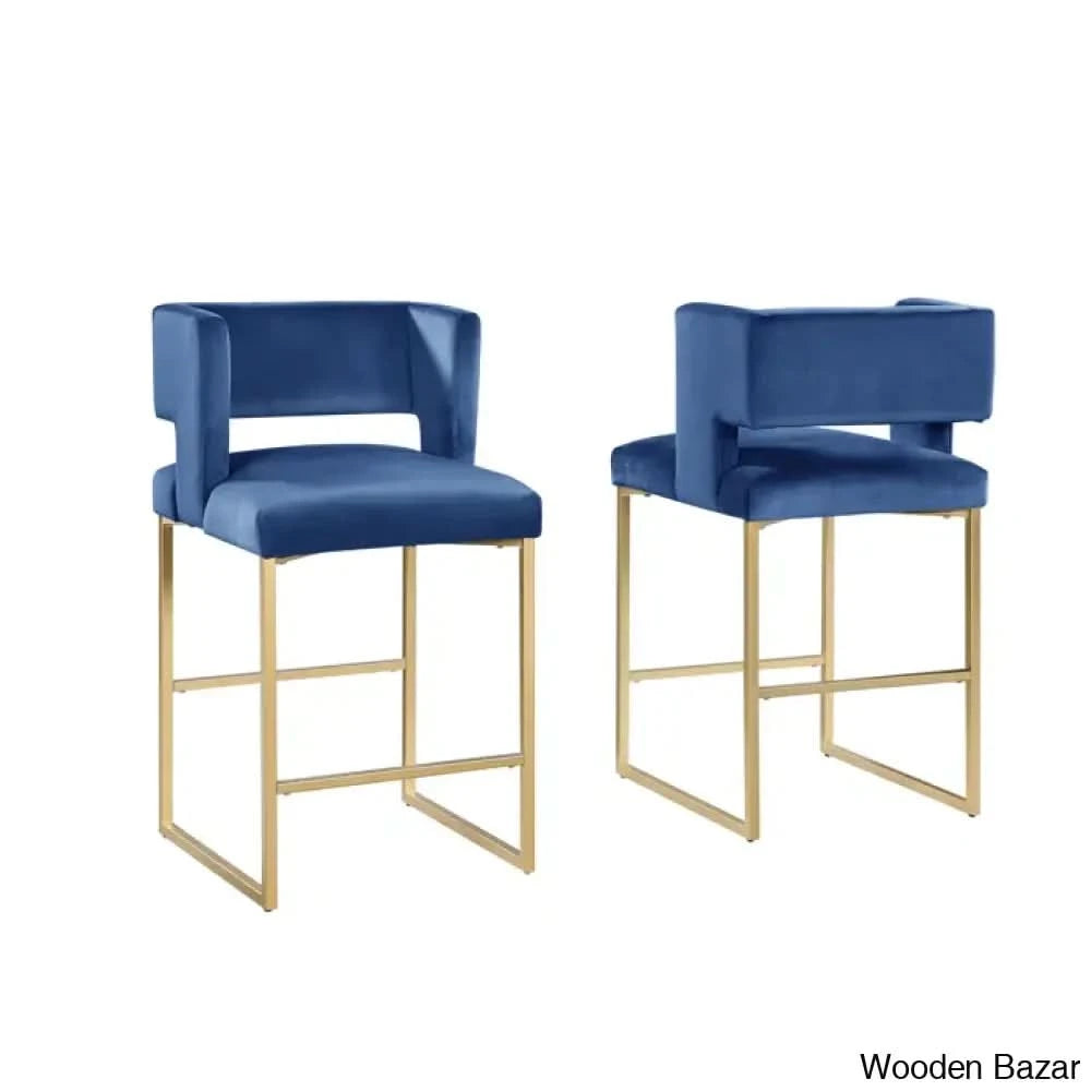 Farnsworthu Upholstered 27’’ Counter And Bar Stool With Metal Frame (Set Of 2) Gold / Blue