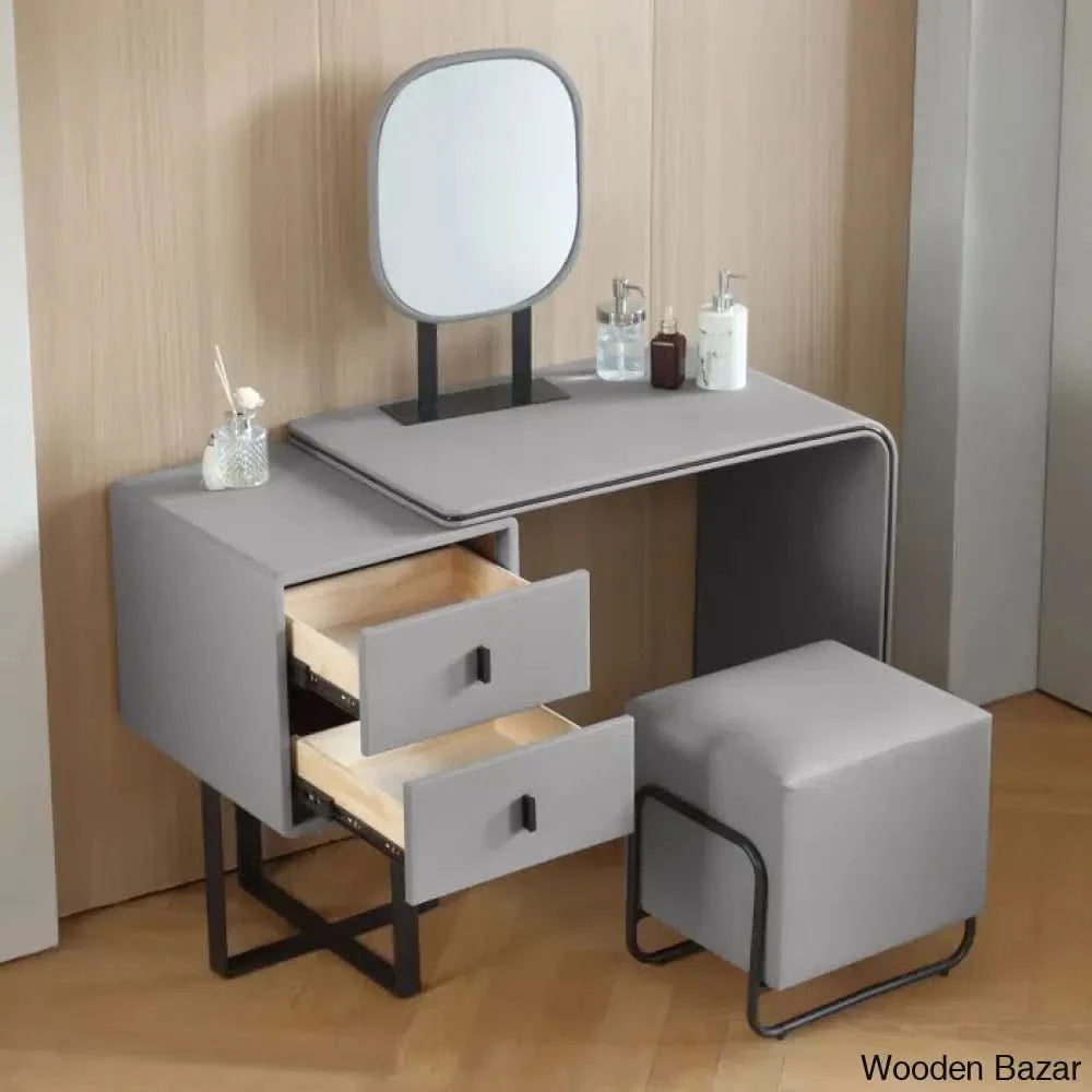 Faux Leather Chic Makeup Table And Vanity Stool Set Premium Dressing With Mirror Gray/Black